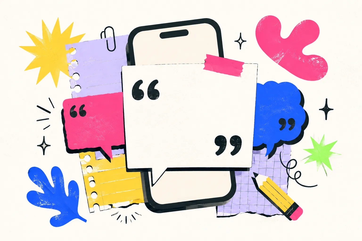 Colagem editorial com celular, balões de fala, cartões e lápis em cores vibrantes