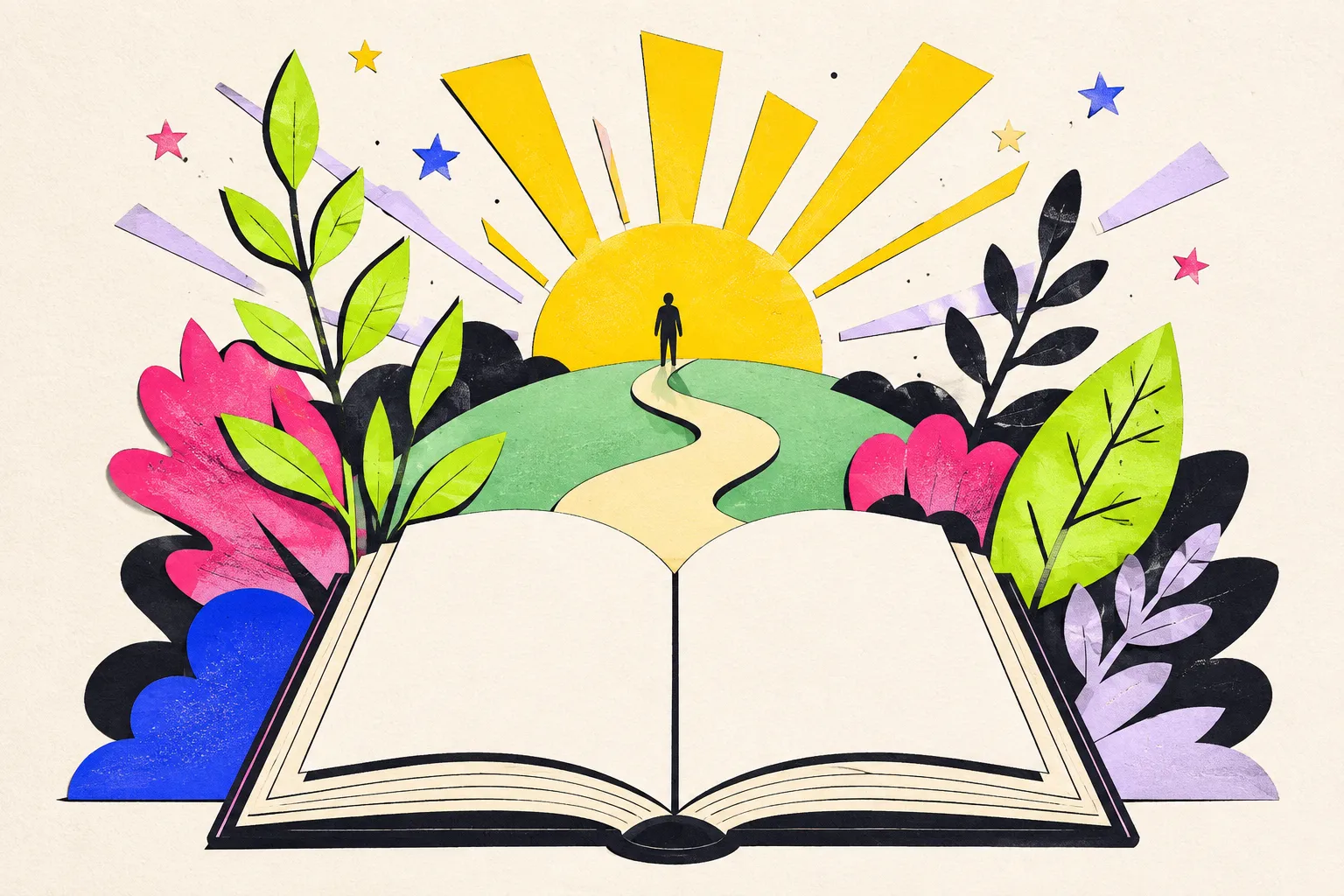 Livro aberto diante de um caminho iluminado pelo nascer do sol
