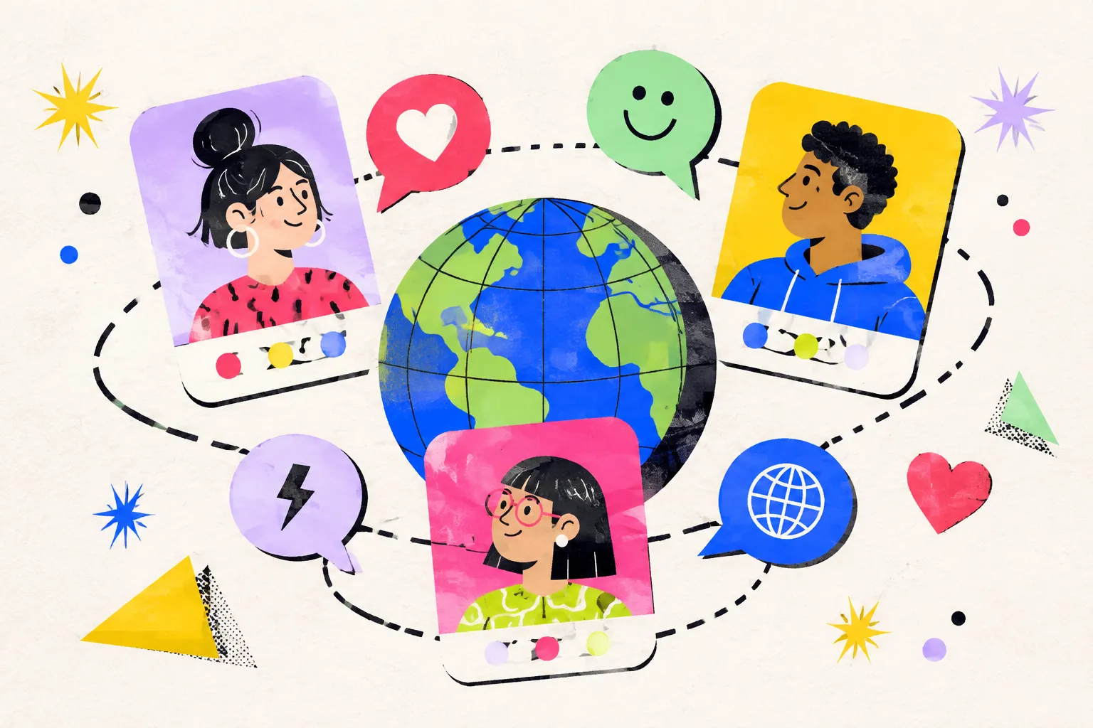 Ilustração editorial de cartões de perfil e pequenos símbolos